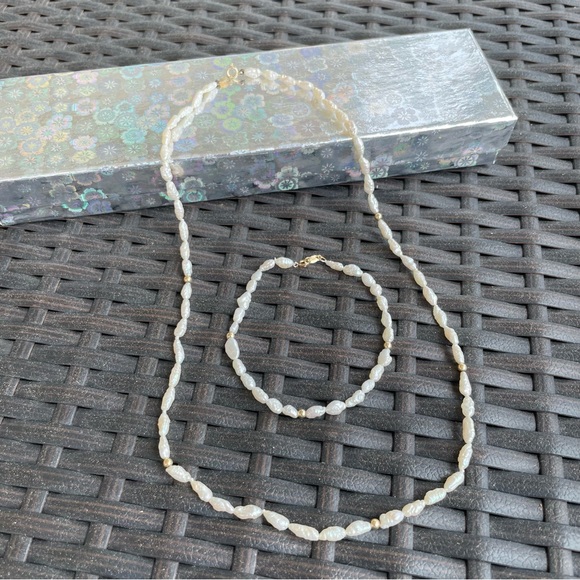 Jewelry - Vintage Freshwater Rice Pearls with 14k Gold Accents - Necklace and Bracelet Set